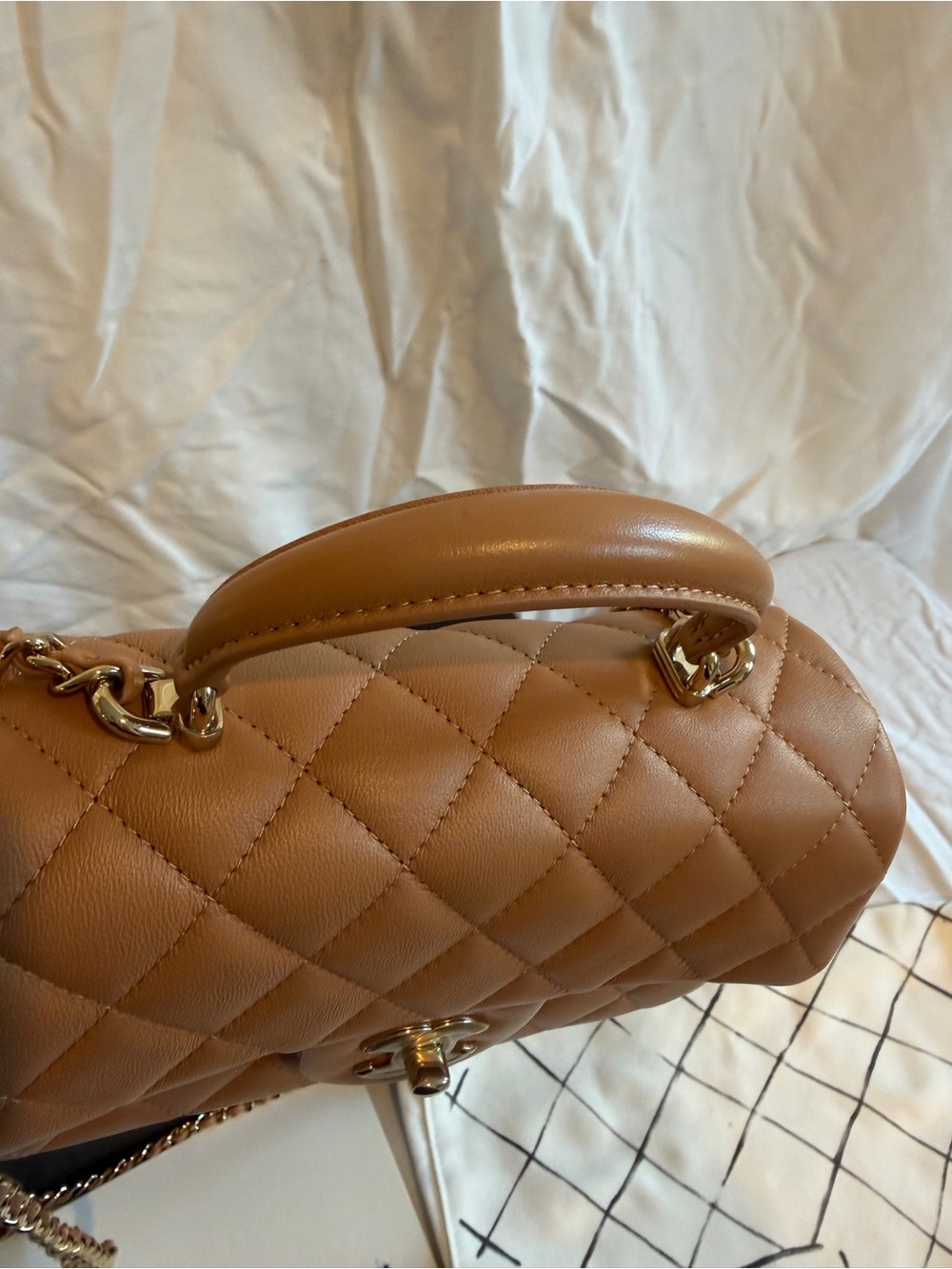 โSOLDโ CHANEL Lambskin Quilted Mini Top Handle Rectangle Flap Beige w/GH - Picture 3 of 10